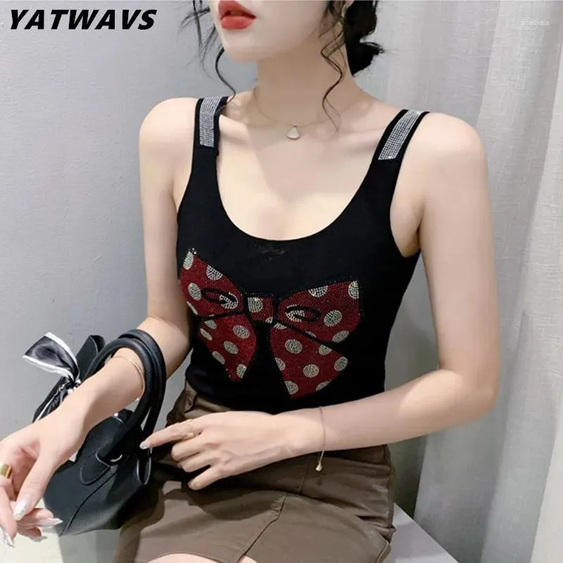 Camisetas para mujer Verano de alta calidad Mujeres coreanas Chaleco de malla Chic Sexy con cuello en V Brillante Bowknot Diamantes Camiseta Tops Chica Sin mangas Todo Partido