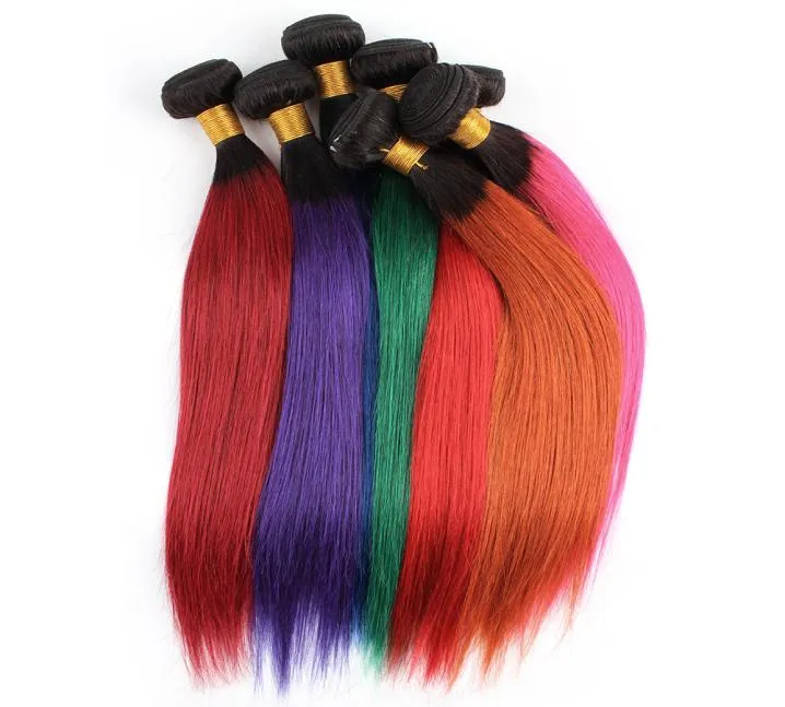 Human hair Bundles T1b Blue Purple Green Red Pink 350 straight Two Tone Ombre color precolored Brazilian weft 3pcslot6491079