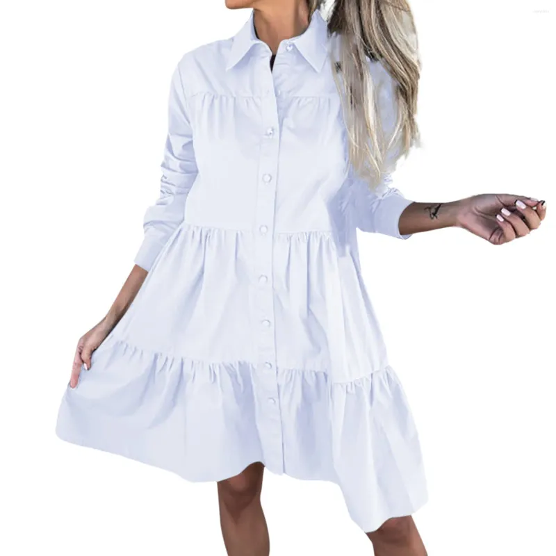 Casual Dresses Solid Color Ruffles Shirt For Women Spring Lapel Long Sleeve Buttons Up High midje Mini Dress Office Lady Party Party