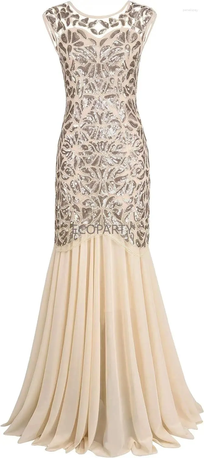 Elegant Womens 1920s Sequin Gatsby Dress Black Maxi Long Evening