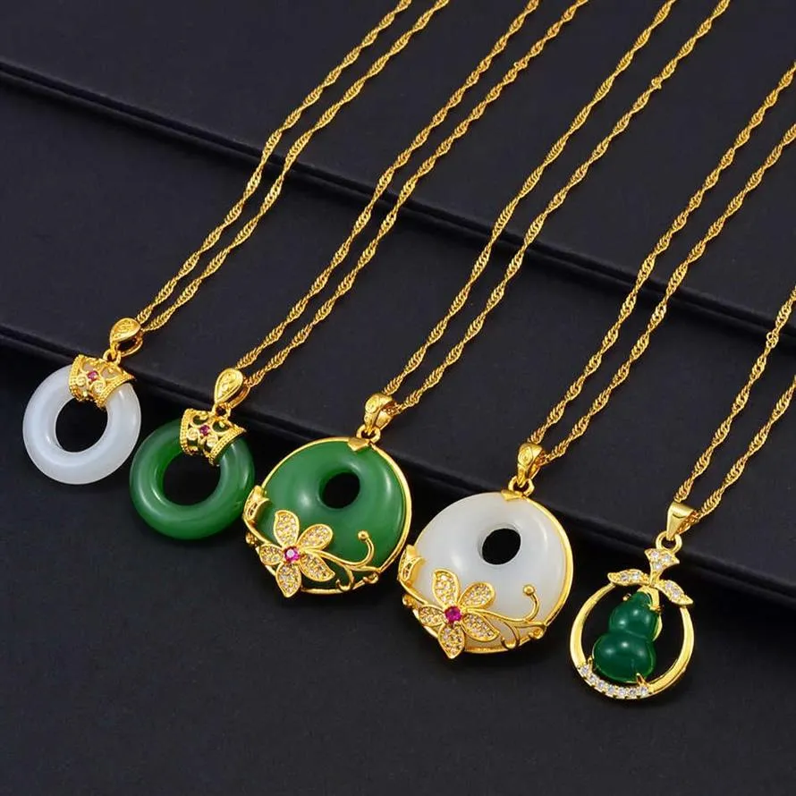 Anniyo Round Flower Gourd Green White Stone Pendant Halsband Kvinnor Girs kinesiska kulturella mode lyxiga tillbehör #002236 H0918247O