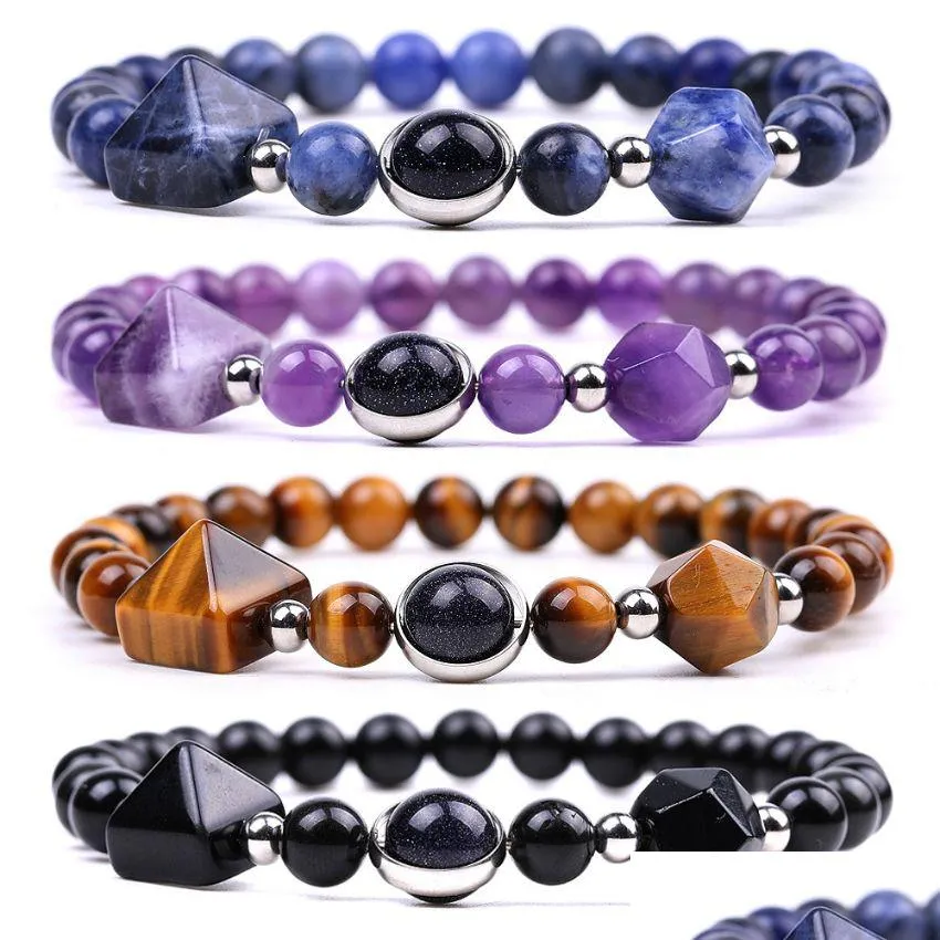 Pirámide natural con cuentas Pulsera de piedra facetada Amatista semipreciosa Cuarzo rosa Ojo de tigre Yoga Obsidiana Pulseras de sodalita F Dh6Zw