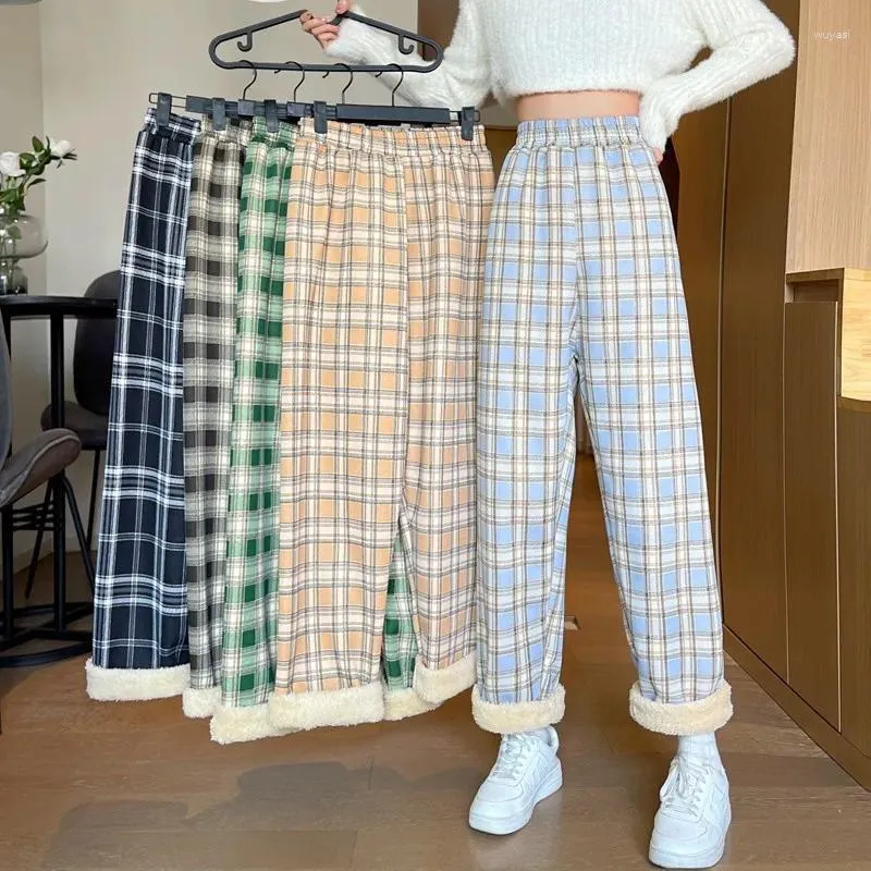 Pantalones de mujer Moda Cálida Felpa Cordero Lana Gruesa A Cuadros Mujeres Invierno Casual Suelto Pantalones De Pierna Ancha Ropa De Calle Coreana Estudiante Recto