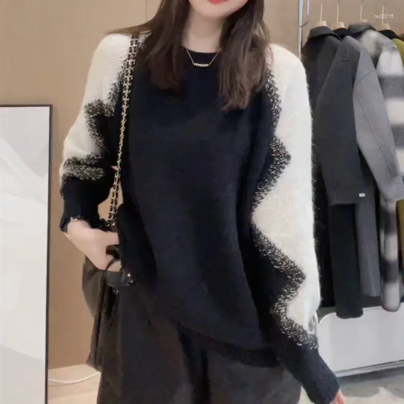 Chandails pour femmes 2024 automne/hiver Design coréen couleur contrastée tricot hauts à la mode mi-longue Style célébrité pull ample