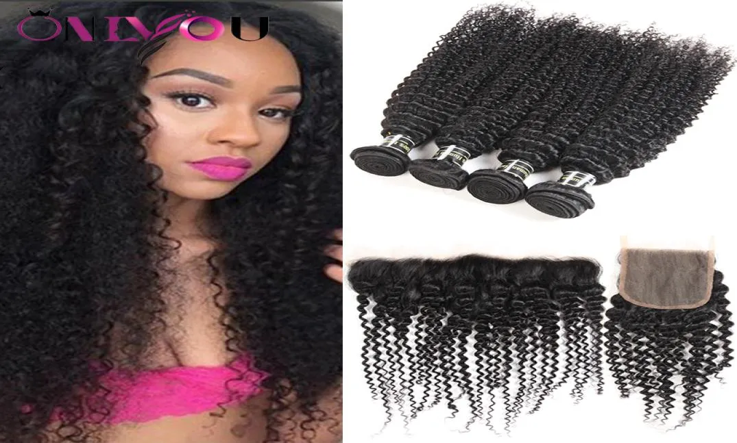 Tissage de cheveux humains mongols crépus bouclés, 4 lots avec fermeture en dentelle 4x4 et faisceaux frontaux en dentelle 13x4, extensions de cheveux bon marché, vente en gros6897339