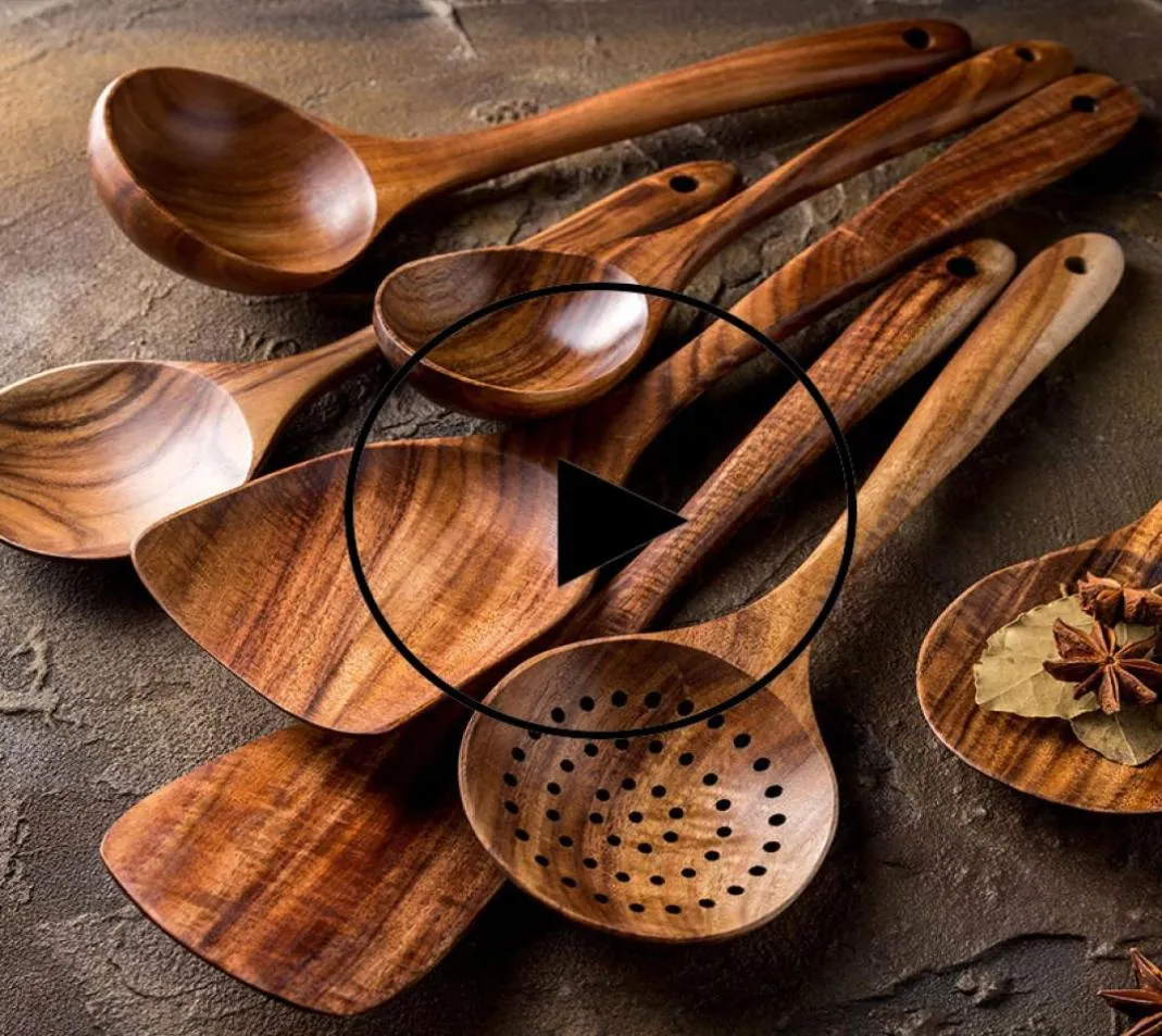 17pcsset Teaf Wood Tableware Spoon Colander ملعقة خاصة Nano Soup Sailmmer Skimmer Spoon Wooden Kitchen Tool Kit3294815