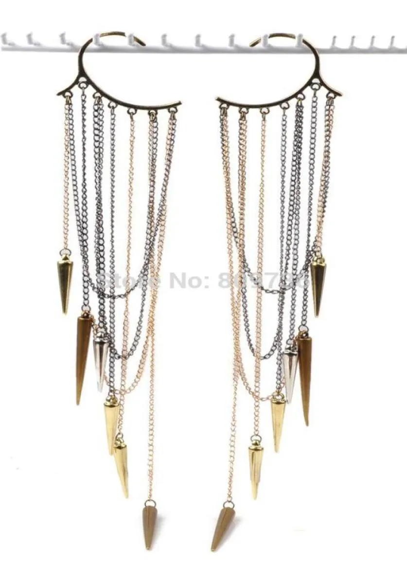 Whole 6pcs Cool Rock Punk Rivets Spike Long Tassels Ear Cuff Wrap No Piercing Earring New Unisex Jewelry 6399321