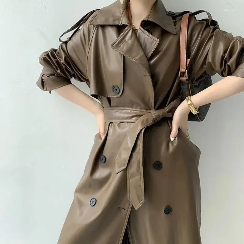 Mulheres Trench Coats Outono Mulheres Manga Longa PU Vintage Sólido Sobretudo Inverno Windbreaker Outerwear Cinto Slim Cintura Lapela Jaquetas