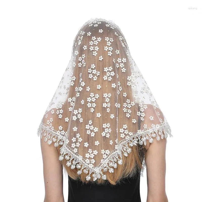 Scarves Spring Fashion Women Triangle Wrap Fringed Shawls Head Scarf Tassel Embroidery Lace Hijab Bandana Prayer Kerchief