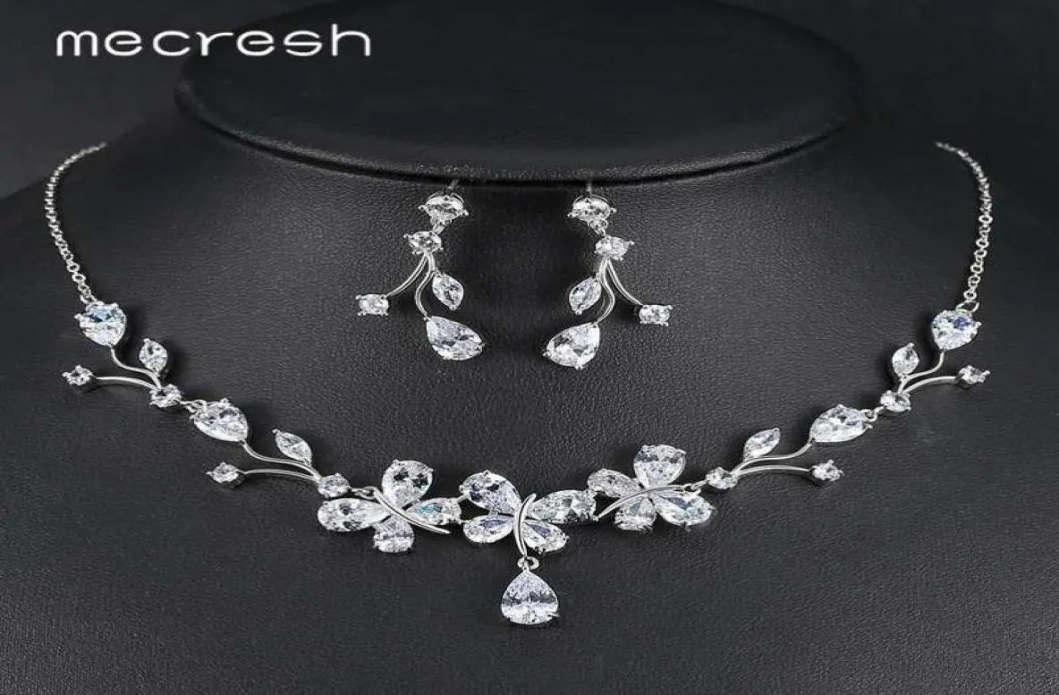 Mecresh Cute Butterfly Bridal Necklace Jewelry Sets for Women Clear Cubic Zirconia Wedding Earrings Sets Christmas Jewelry TL545 H4690436