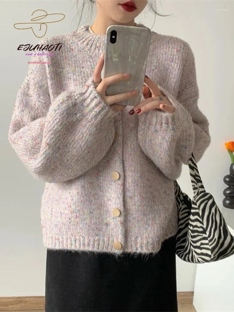 レディースニット韓国ファッションセーターカーディガン冬のレトロカラーミックス糸ニットウェアランタンスリーブコートガールズスウィートピンクトップ