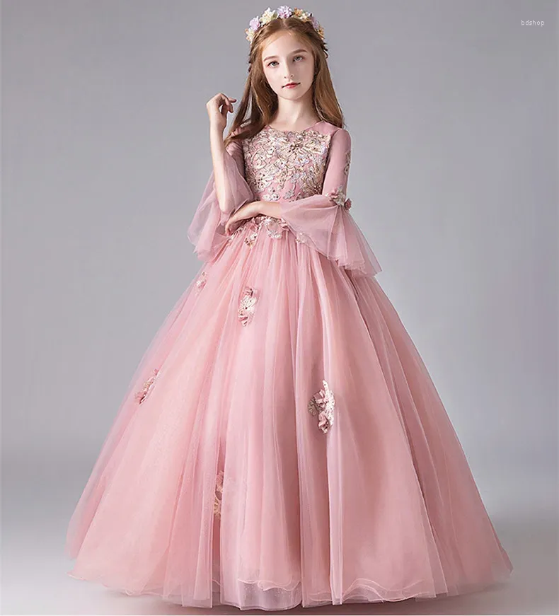 Vestidos de menina renda rosa crianças dama de honra flor para festa de casamento alargamento manga pageant vestido de princesa primeira comunhão vestido