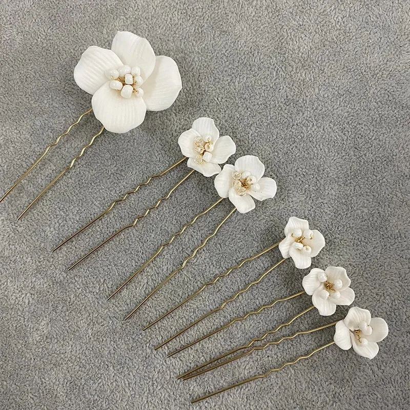 6PCS Białe ceramiczne kwiat Wedding Hair Pins Women Jewelry Akcesoria Ręcznie robione dekoracje głowy