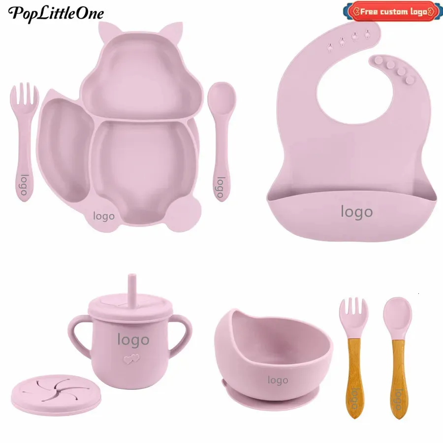 Gepersonaliseerde naam 8 STUKS Baby Zachte Siliconen Voedingsset Sucker Bowl Siliconen Gerechten Plaat Voor Baby Cup Slabbetjes Lepel Vork Servies 240102