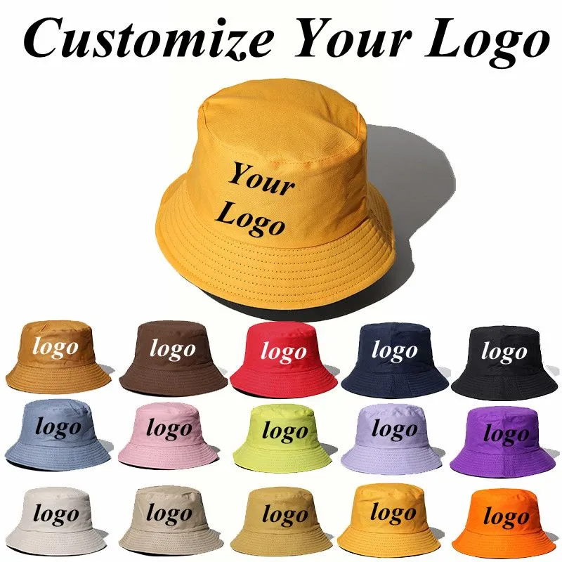 Custom Logo Unisex Double Side Bucket Hats For Women Men Reversible Black Panama Bob Sun Hat Girl Simple Candy Color Fishing Cap