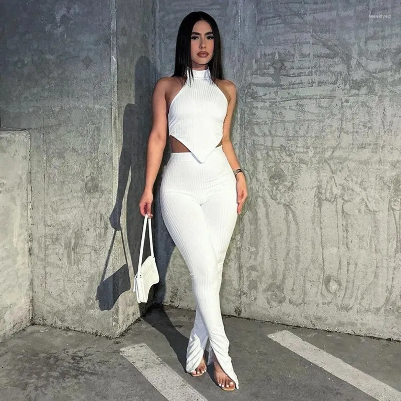 Kvinnors byxor Två stycken Set Solid Ribbed Women Sexig grimma Backless Asymmetrical Crop Tops Split Slim Summer Autumn Tracksuits Suit