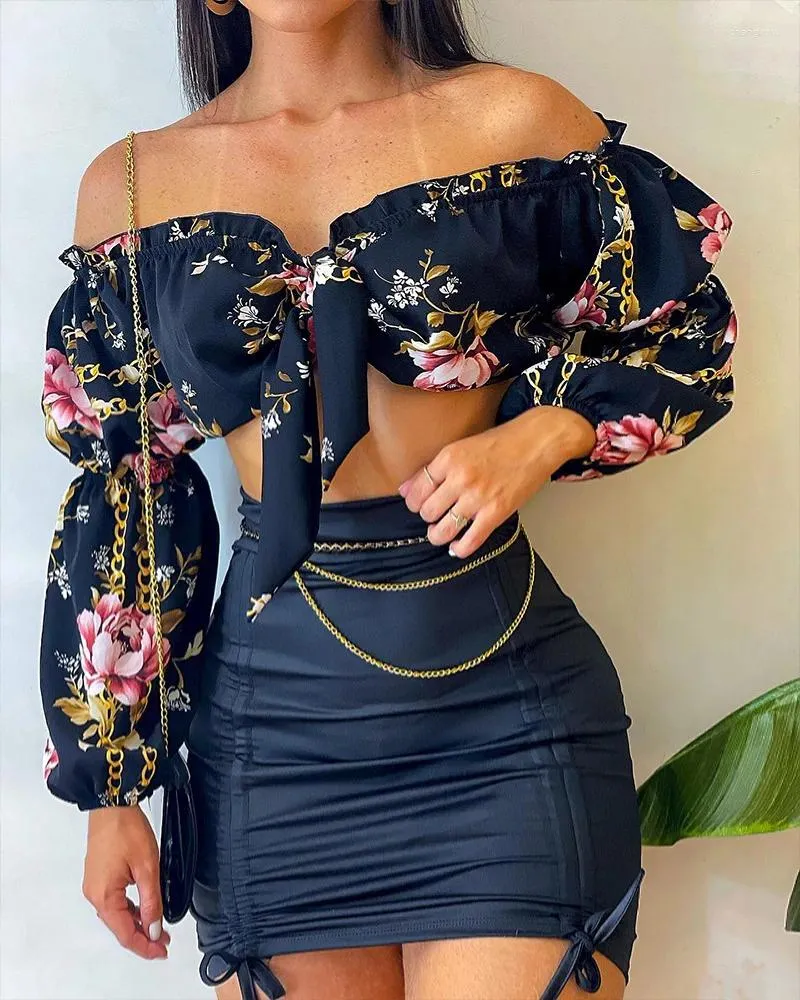 Werkjurken Bloemenprint Slash Hals Lange mouwen Crop Top Rokken 2-delige set Sexy slanke zomermode-outfit Streetwear-jurksets