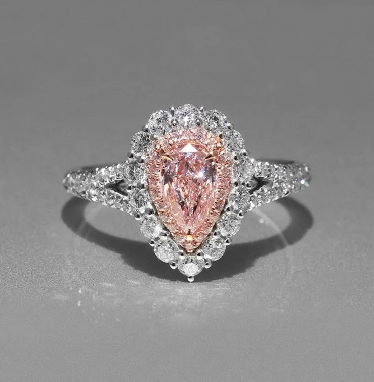 Anel de casamento feminino com simulação de diamante rosa em forma de gota Cute07740865