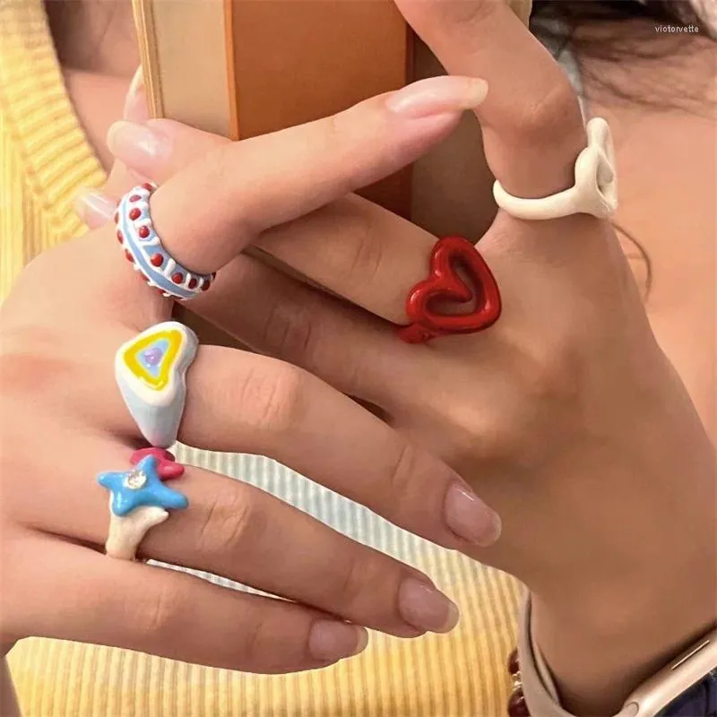 Pierścienie klastra styl dopaminy kolorowy emalia słodki pierścień dla dziewcząt geometryczny olej kroplowy Y2K Kobiety