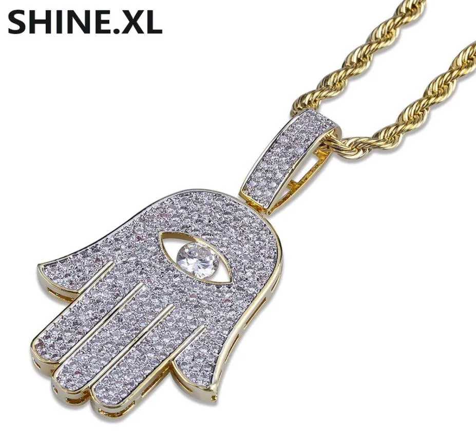 Hip Hop Evil Eye Hand Hamsa Pendant Necklace Womens Gold Color Plated Iced Out Micro Paved CZ Chain5736235