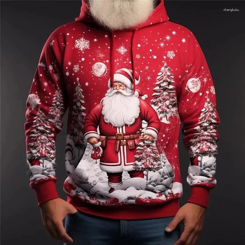 Herrtröjor Santa Claus Print Hoodie för män mode tecknad älg mönster tröja 2024 julårsfest toppar överdimensionerade y2k kläder