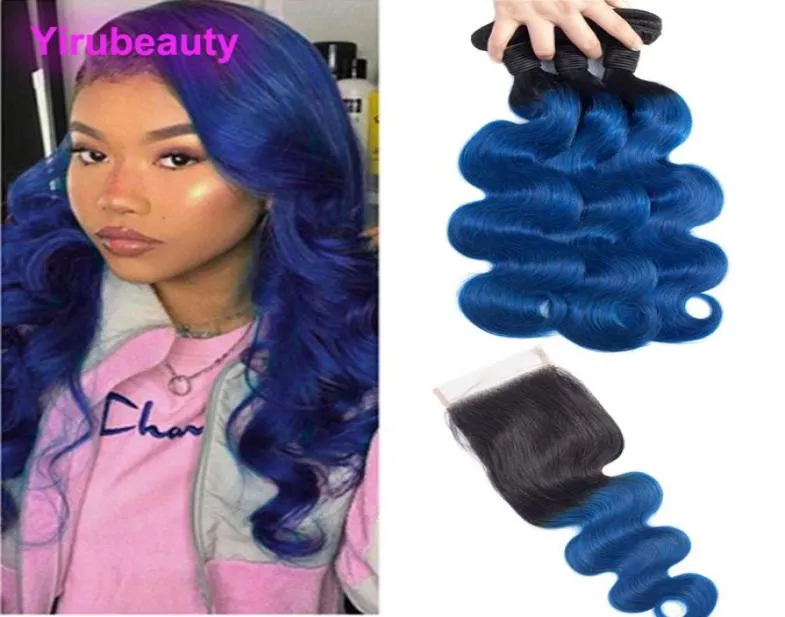 Cabelo Virgem Indiano 1B Azul Ombre Cabelo Humano Onda Do Corpo Pacotes Com Fechamento de Renda 4X4 Médio Três Partes Extensões de Cabelo 1028q9268832