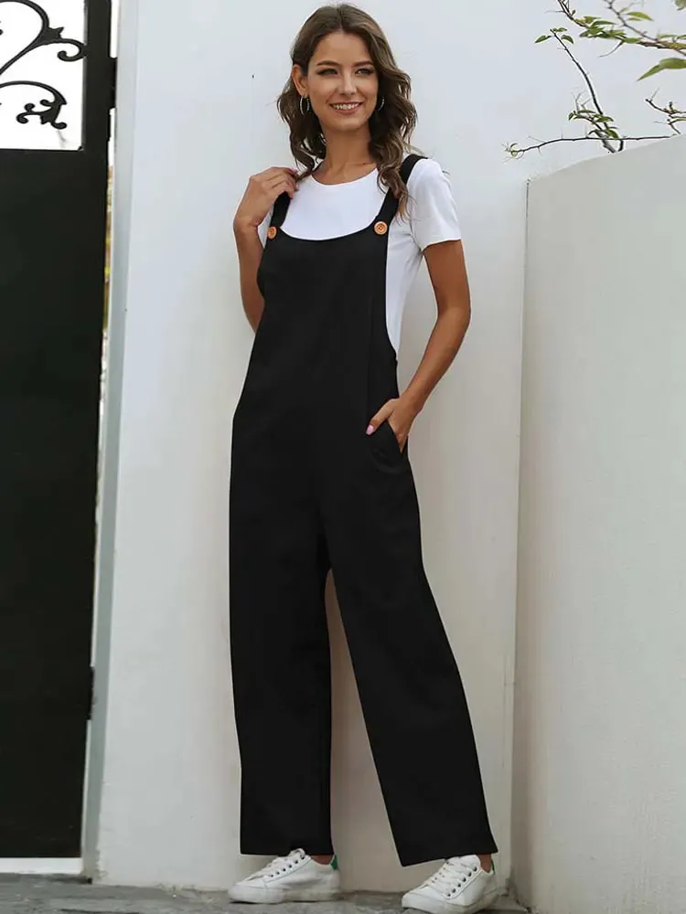 Summer Black Jumpsuit Women Loose Dungarees Overalls Wide Leg Long Ladies For 231229