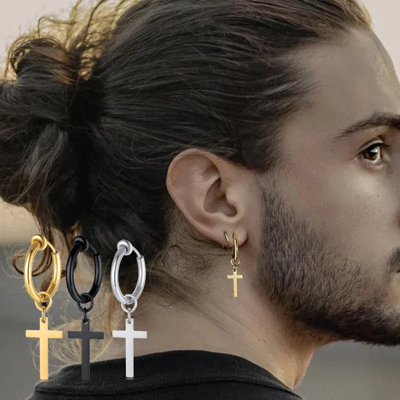 Korsörhängen Mens, Huggie Hoop Earring, Men 14k Yellow Gold Conch Hoop Cross Earring utan piercing