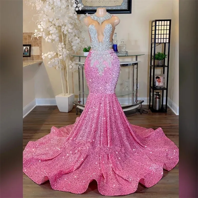 Robe de bal de sirène rose scintillant pour filles noires en cristal en cristal perles de fête d'anniversaire de fête à la maison