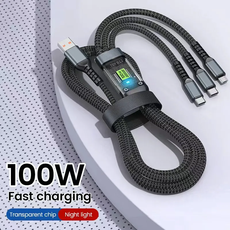 3 In 1 100W 6A Transparent Fast Charging Cable Type C USB Micro Cable For Samsung S24 S23 Huawei Xiaomi Light USB-C Charger Cord