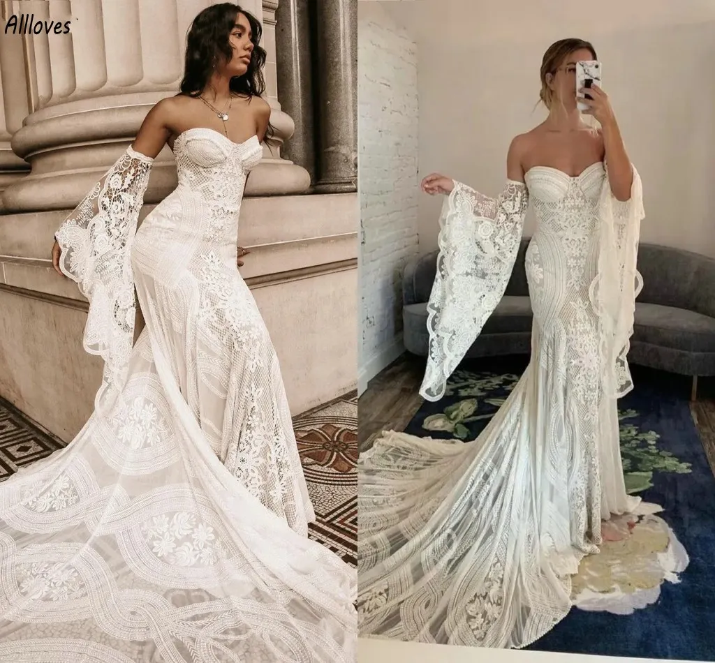 Bohemian Lace Country Hippie Mermaid Wedding Dresses With Removable Flare Long Sleeves Sweetheart Sexy Bridal Gowns Court Train Designer Robes de Mariee CL3135