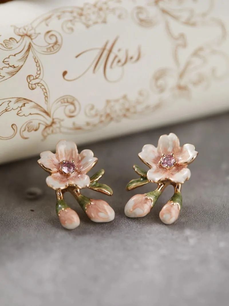 Boucles d'oreilles à tige originales, série Rose Garden, Vintage exquis, fleur de cerisier Rose, Clip d'oreille à fil en spirale pour femmes, Yhpup Official Store