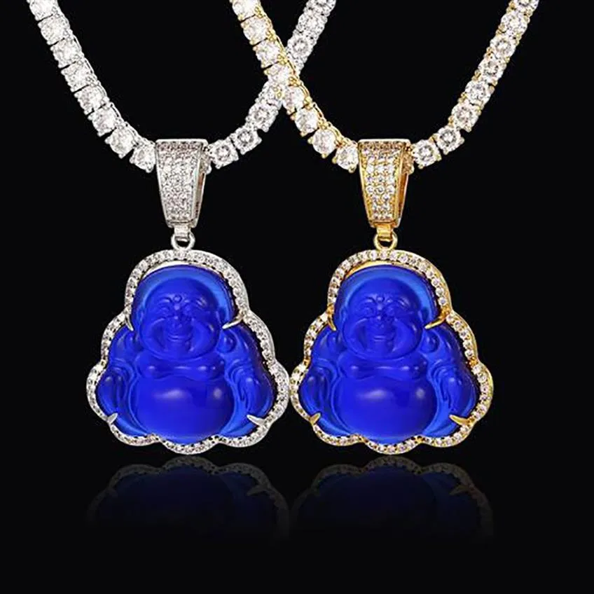 14K Gold Iced Out Buddha Anhänger Halskette Bling Micro Pave Zirkonia Simulierte Diamanten mit 3mm 24 Zoll Tenniskette3095