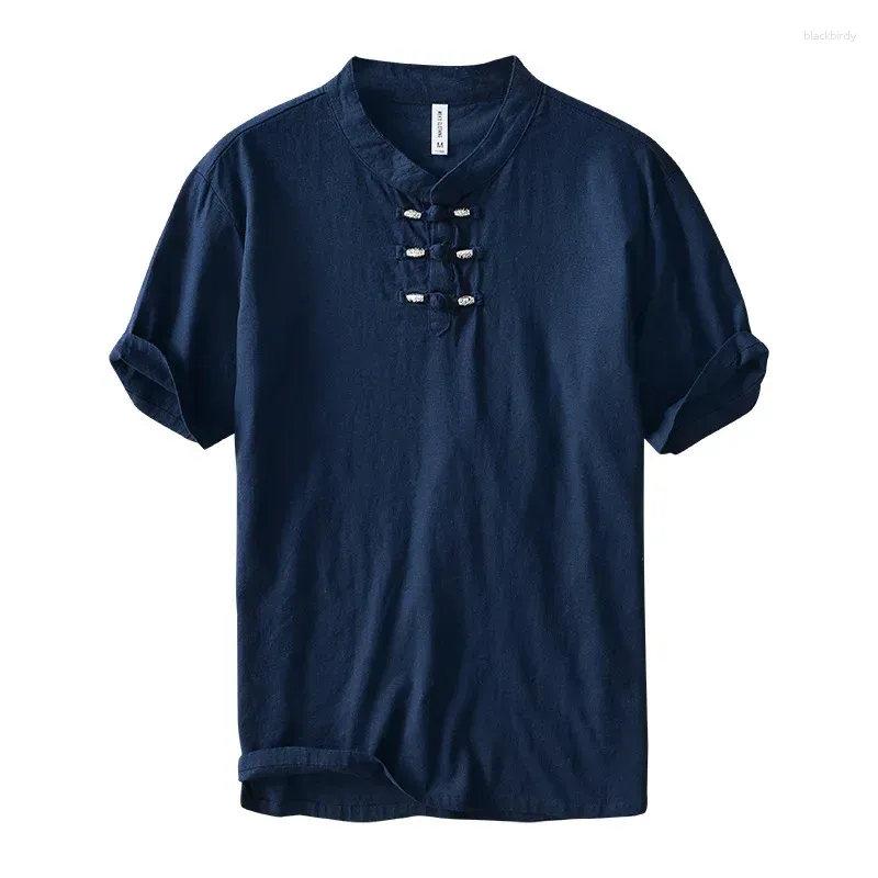 Men's T Shirts China-Chic Fashion Buckle Casual Short Sleeve Summer T-shirt Vintage Stand Collar Half Cardigan
