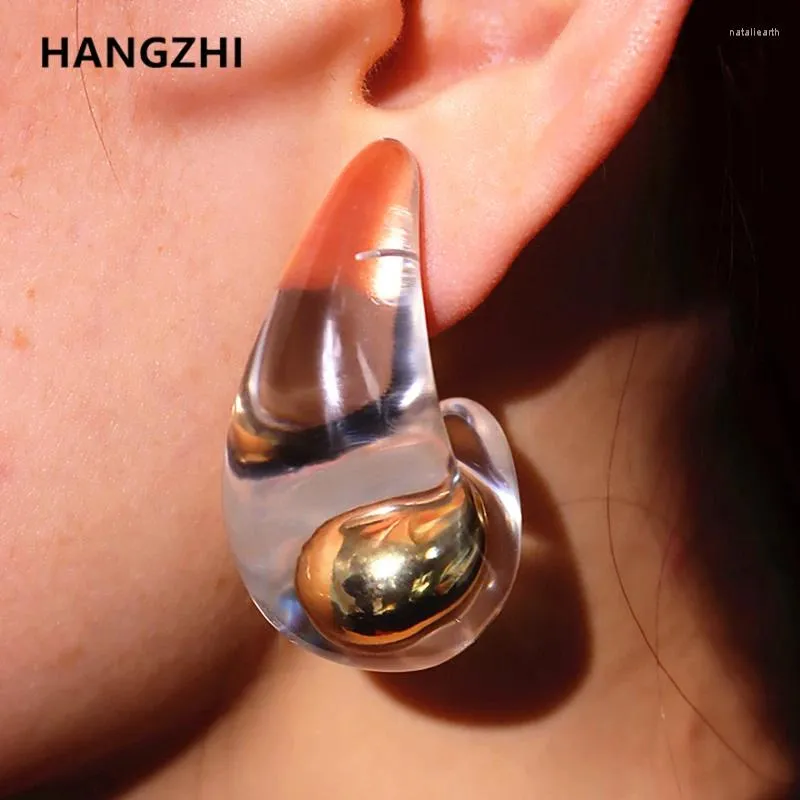 Stud Earrings HangZhi Design Transparent Resin Large Water Drop Metal Copper Ball Pearl Elegant Vintage Jewelry For Women