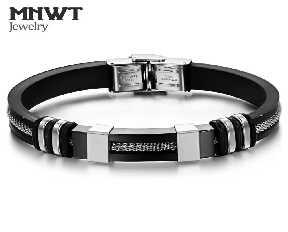 Mnwt Mens Armband Rostfritt stål Svart silikonarmband Charm Armband Male Bangle For Men smycken Silver Rose Gold Color3192335