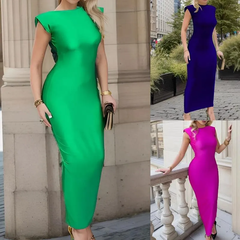 Casual Dresses Women Solid Color Sexig klänning Fashion Vintage Halter rund hals ärmlös elegant temperament smal fit parti länge