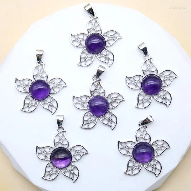 Pendant Necklaces Natural Stone Crystal Amethyst Agate Round Bead Flower Necklace For Woman Girl DIY Gift Making Accessories 15 Pieces