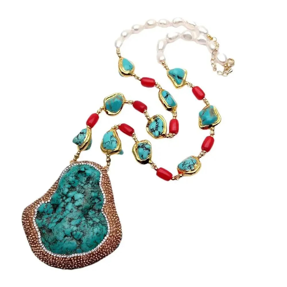 Necklaces Y.YING White Baroque Pearl Blue Turquoise Red Coral Necklace Big Turquoise Pendant