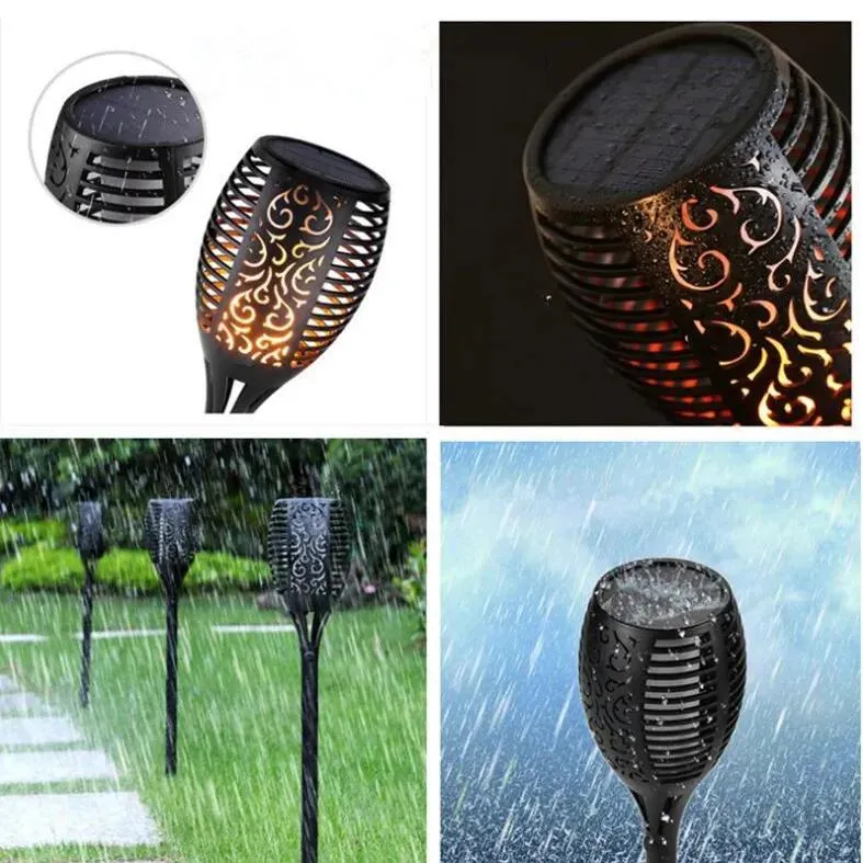 Zabawki Solar Tiki Torch Light LED Wodoodporna lampa na zewnątrz tańca tańca płomienie 96 diody LED dekoracyjne światła Ścieżka