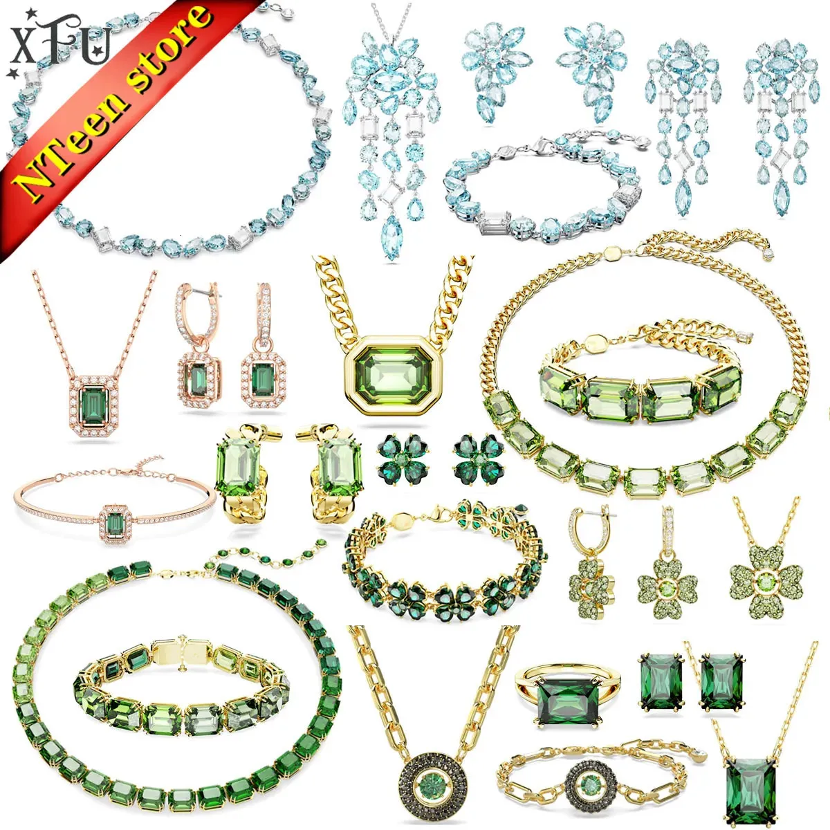 XFU Gema – ensemble de bijoux fins, breloque en cristal brillant, collier, boucles d'oreilles, Bracelet, bague, cadeau de fête pour femmes, 240102