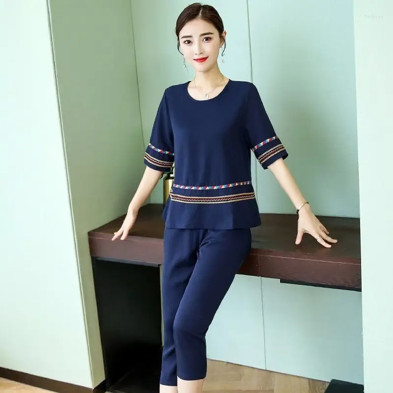 Women's Two Piece Pants Sets 2024 Summer Sports Suit Korean Fat Mm Casual Short Sleeve Capris Crop Top Blouses Sweatsuit