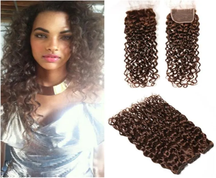 4 Marrom Escuro Molhado e Ondulado Cabelo Humano Lace Clsoure 4x4 com Pacotes Chocolate Marrom Onda de Água Cabelo Humano Brasileiro Tece com Cl2827610