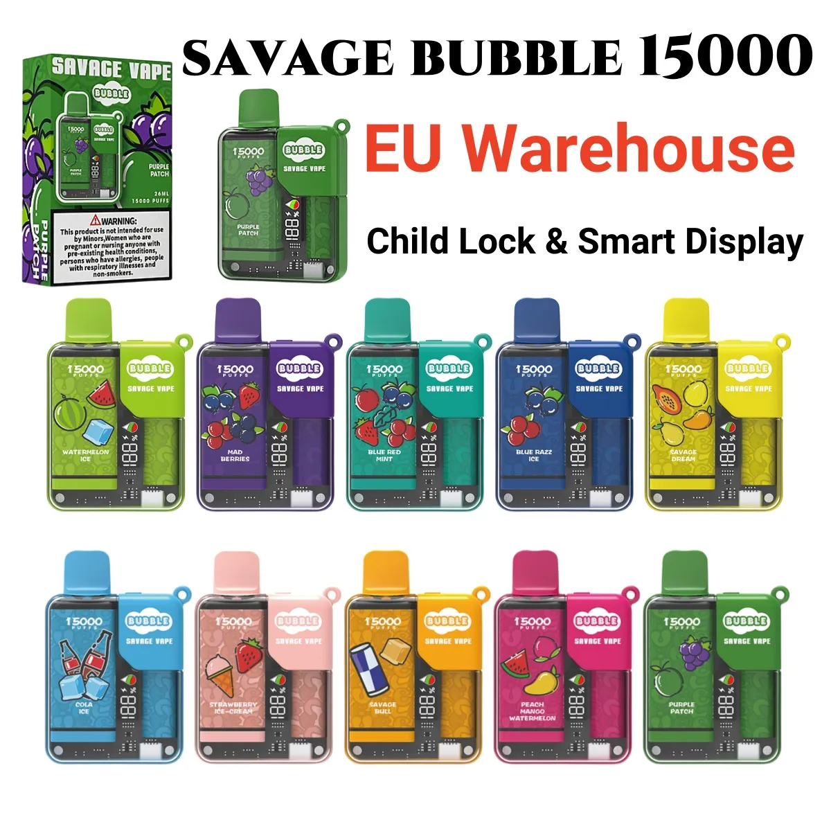 E Cigarro vape Savage Bubble 15000 vaper armazém da UE 28ml Pré-preenchido Suco Sabor Malha Bobina Bloqueio para crianças Tela inteligente integrada vs Randm Mrvi Razz Bar Bang 12k