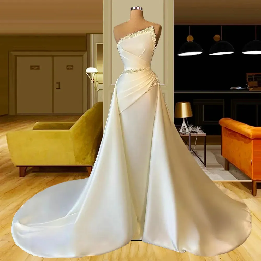 Ivory Strapless Satin Wedding Dresses Mermaid Court Train Heavy Beading Ruched Bridal Gowns YD 328 328