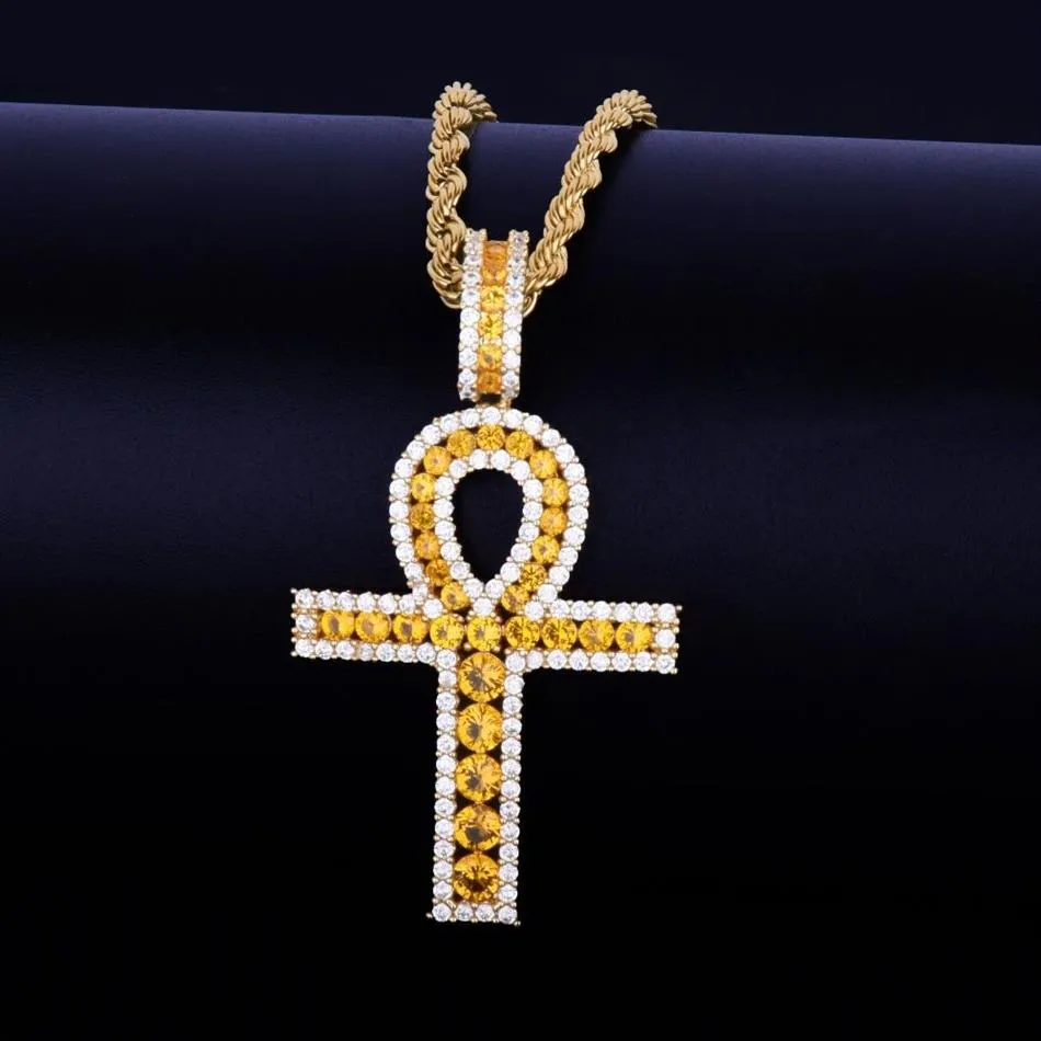 Men's Ankh Cross Pendant Necklace Gold Silver Copper Material Iced Zircon Egyptian Key of Life Women Hip Hop Jewelry2692