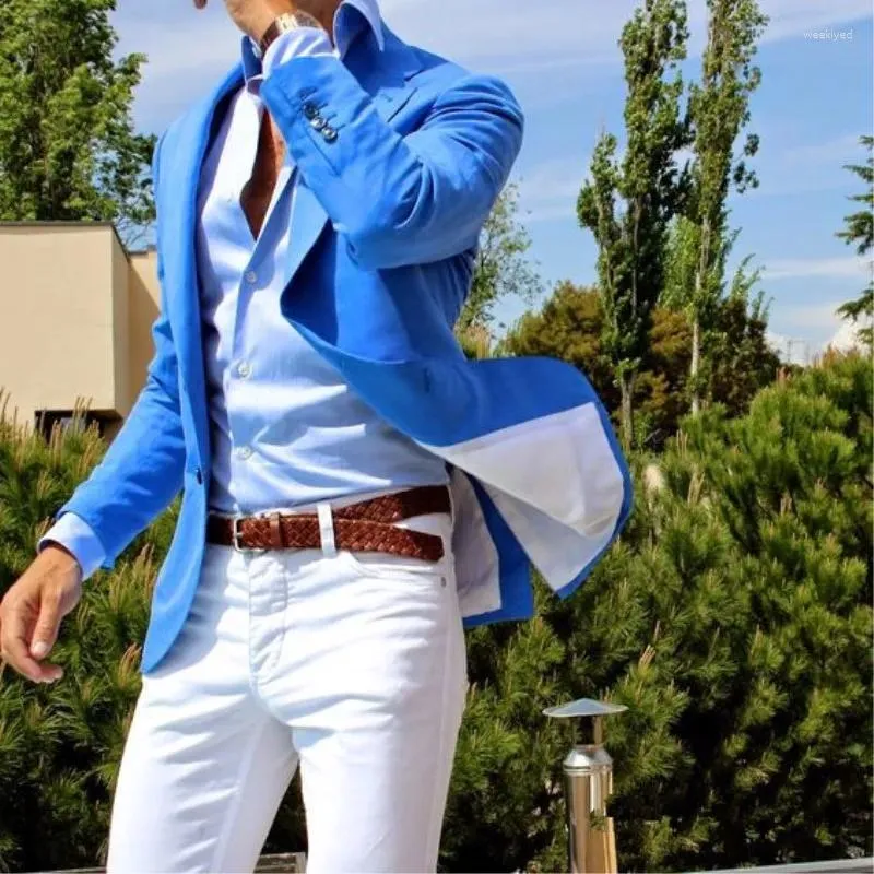 Męskie garnitury na zamówienie niebieskie mężczyzn garnitur szczupły fit Casual Groom Prom Blazer 2 sztuki Tuxedo Ubranie na plażę letni styl (spodnie kurtki)