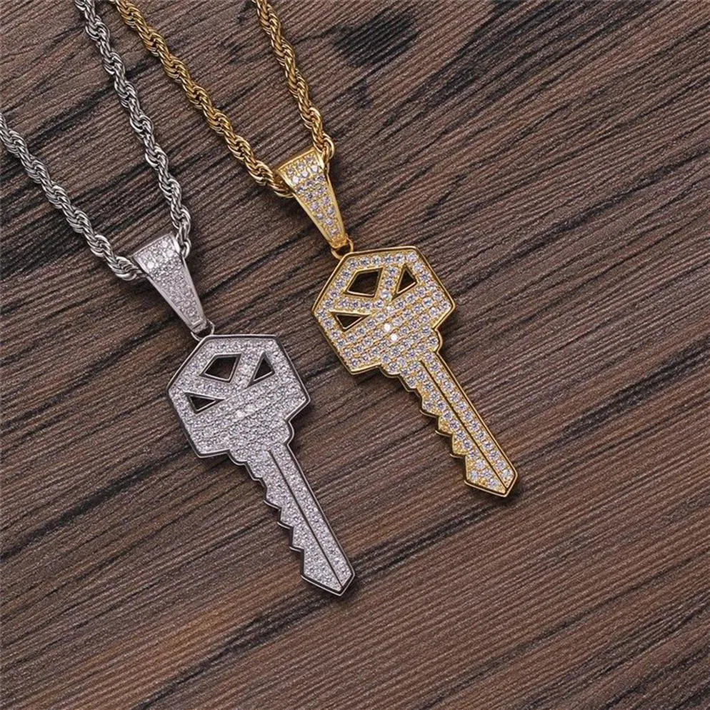 Luxury Diamond Key Necklace Pendant Iced Out Zircon Gold Silver Plated Mens Bling Hip Hop Jewelry304T