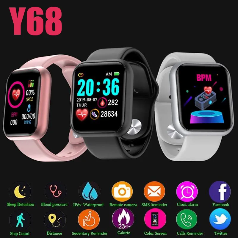 Y68 Smart Macaron Watch Armbands Armelets Blodtryck Hjärtfrekvens Monitor Pedometer Cardio Waterproof Sport Watches For iOS Android