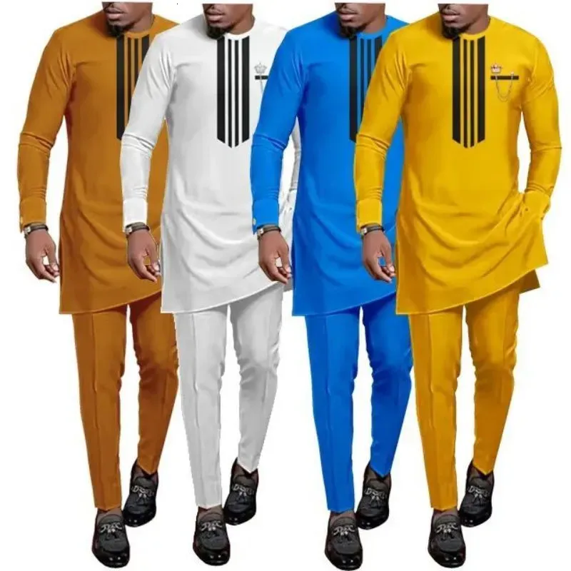 Sommaren 2023 Dashiki National Dress African Men's Printed Top and Trousers Passar Wedding Sunday Prayer Casual Slim 240102